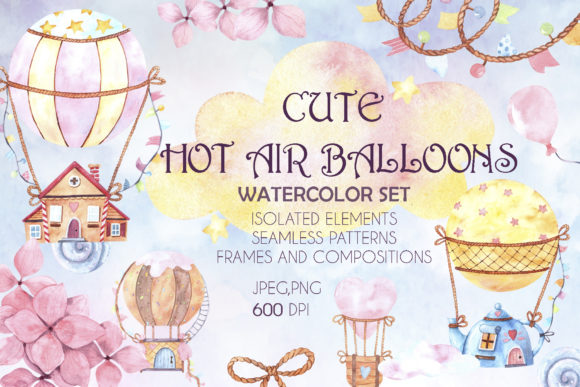 Cute Hot Air Balloons Watercolor Set